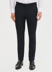 PAKO LORENTE – Granatowe spodnie garniturowe. Eleganckie spodnie męskie Pako Lorente, m, bez wzorów, z elastanu, eleganckie. Za 399.99 zł.