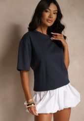 Granatowy Basicowy T-shirt z Bawełny Meranissea. Niebieskie t-shirty damskie Renee, bez wzorów, z bawełny, bez kołnierzyka, bez ramiączek. Za 69.99 zł.