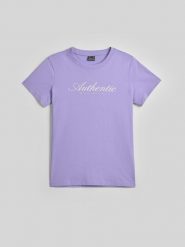 4F T-shirt regular z nadrukiem damski - fioletowy S. Fioletowe t-shirty damskie 4F, s, bez wzorów, z bawełny, biznesowe, bez kołnierzyka, bez ramiączek. Za 59.99 zł.