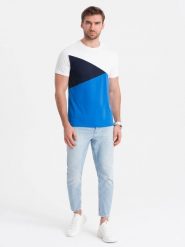 T-shirt męski trójkolorowy bawełniany - biało-niebieski V4 OM-TSCT-0174 - XXL. Niebieskie t-shirty męskie Ombre Clothing, l, bez wzorów, z bawełny, bez kołnierzyka, bez ramiączek. W wyprzedaży za 29.99 zł.