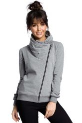 Sportowa Bluza Zapinana na Ukośny Zamek - Szara. Szare bluzy damskie MOE, l, bez wzorów, z bawełny, sportowe, bez ramiączek, bez kaptura. Za 273.90 zł.