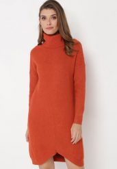 Czerwona Sweterkowa Sukienka z Golfem i Asymetrycznym Dołem Elisane. Brązowe sukienki damskie Born2be, na co dzień, l, bez wzorów, eleganckie, z asymetrycznym kołnierzem, bez ramiączek, mini, asymetryczne. Za 74.99 zł.