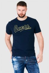 GUESS Granatowy t-shirt męski beachwear. Niebieskie t-shirty męskie Guess, m, z aplikacjami, bez kołnierzyka, bez ramiączek. W wyprzedaży za 99.99 zł.