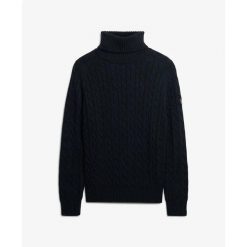 Sweter na plecionce z golfem damski Superdry. Niebieskie swetry nierozpinane damskie Superdry, na zimę, bez wzorów, ze splotem, bez kołnierzyka, bez ramiączek. Za 327.70 zł.