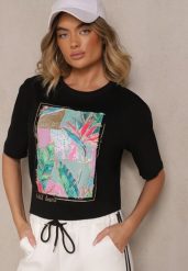Czarny T-shirt z Bawełny Ozdobiony Brokatem Isadelle. Czarne t-shirty damskie Renee, m, bez wzorów, z bawełny, klasyczne, bez kołnierzyka, bez ramiączek. Za 39.99 zł.