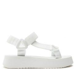Sandały Calvin Klein Jeans. Białe sandały damskie Calvin Klein Jeans, bez wzorów, z jeansu, bez obcasa, na płaskiej podeszwie, bez zapięcia. Za 209.99 zł.
