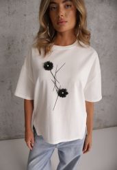 Biały Wiskozowy T-shirt Ozdobiony Kwiatami i Perełkami Muvine. Białe t-shirty damskie Renee, l, z aplikacjami, z jeansu, street, bez kołnierzyka, bez ramiączek. Za 79.99 zł.