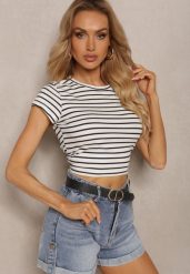 Biały Prążkowany T-shirt z Bawełny o Krótkim Kroju Zolira. Białe t-shirty damskie Renee, l, bez wzorów, z bawełny, klasyczne, bez kołnierzyka, bez ramiączek. Za 39.99 zł.