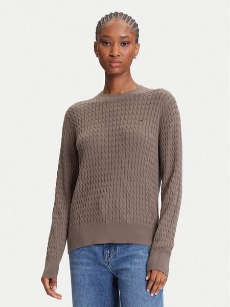 Tommy Hilfiger Sweter Fine WW0WW44993 Brązowy Regular Fit. Brązowe swetry nierozpinane damskie Tommy Hilfiger, l, bez wzorów, z bawełny, bez kołnierzyka, bez ramiączek. Za 359.99 zł.