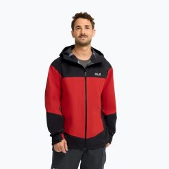 Kurtka przeciwdeszczowa męska Jack Wolfskin Rockpaw 3L. Czerwone kurtki męskie Jack Wolfskin, l, bez wzorów, z materiału, bez kaptura. Za 1,071.25 zł.