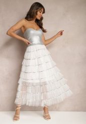 Biała Rozkloszowana Spódnica Maxi z Falbankami i Cekinami Noobi. Białe spódnice damskie Renee, m, bez wzorów, z materiału, eleganckie, maxi, rozkloszowane. Za 89.99 zł.