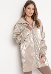 Beżowa Kurtka Dwustronna z Nieodpinanym Kapturem i Metalicznym Efektem Lirednil. Brązowe kurtki damskie Born2be, l, bez wzorów. Za 99.99 zł.