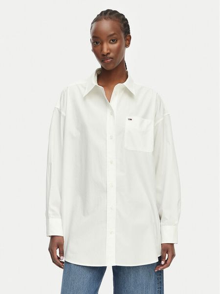 Tommy Jeans Koszula Essential DW0DW22936 Biały Oversize. Białe koszule damskie Tommy Jeans, s, bez wzorów, z bawełny, bez kołnierzyka, bez ramiączek. Za 363.99 zł.