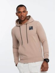 Męska bluza z kapturem kangurka z logotypem – brązowa V3 OM-SSNZ-0162 - XXL. Brązowe bluzy męskie Ombre Clothing, l, bez wzorów, z bawełny, z kapturem. W wyprzedaży za 99.99 zł.