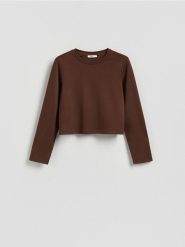Gładka bluza z wiskozą - ciemnobrązowy. Brązowe bluzy damskie Reserved, l, bez wzorów, z dzianiny, bez ramiączek, bez kaptura. W wyprzedaży za 39.99 zł.