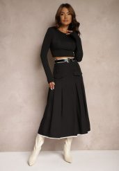Czarna Spódnica High Waist z Plisami Wykończona Imitacją Kieszeni i Paskiem Evilenes. Czarne spódnice damskie Renee, do pracy, l, bez wzorów, biznesowe, z podwyższonym stanem, midi, dopasowane. Za 89.99 zł.