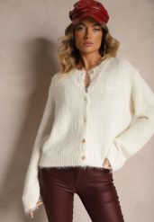 Biały Klasyczny Kardigan o Prostym Kroju Riavara. Białe kardigany damskie Renee, bez wzorów, z jeansu, eleganckie, bez kołnierzyka. Za 159.99 zł.