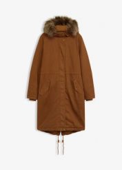 Długa, ocieplana parka. Brązowe parki damskie bonprix, bez wzorów, bez kaptura. Za 299.99 zł.