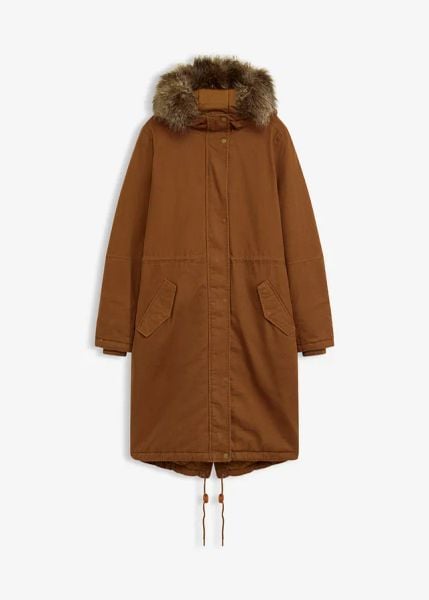Długa, ocieplana parka. Brązowe parki damskie bonprix, bez wzorów, bez kaptura. Za 299.99 zł.