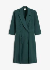 Sukienka żakietowa z rozrzerzanym dołem. Zielone sukienki damskie bonprix, bez wzorów, eleganckie, bez kołnierzyka, bez ramiączek. Za 289.99 zł.