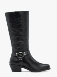 Czarne kozaki biker ze skóry licowej. Czarne kozaki damskie Ryłko, bez wzorów, ze skóry, bez obcasa, na obcasie, bez zapięcia. Za 649.99 zł.