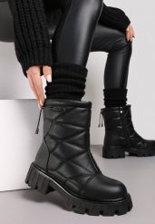 Czarne Botki na Płaskiej Podeszwie z Ekoskóry Ozdobnymi Przeszyciami Auralith. Czarne botki damskie Renee, na zimę, z aplikacjami, bez obcasa, na płaskiej podeszwie, bez zapięcia. Za 79.99 zł.