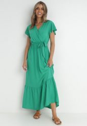 Zielona Sukienka Diomeira. Zielone sukienki damskie Born2be, l, bez wzorów, z tkaniny, eleganckie, bez kołnierzyka, bez ramiączek, maxi, kopertowe. Za 74.99 zł.