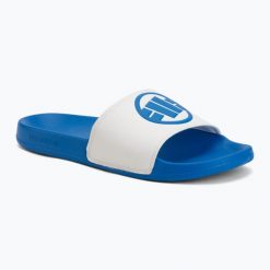 Klapki męskie Pitbull Logo. Niebieskie klapki męskie PITBULL, bez wzorów, z materiału, bez zapięcia. Za 109.99 zł.