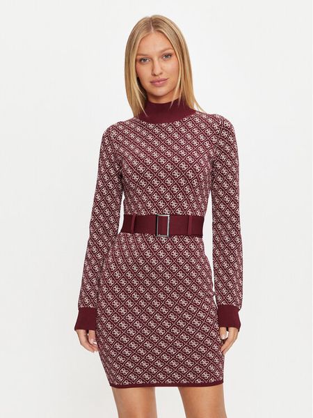 Guess Sukienka dzianinowa Lise W4BK43 Z37K0 Bordowy Regular Fit. Czerwone sukienki damskie Guess, l, z aplikacjami, z dzianiny, bez kołnierzyka, bez ramiączek. Za 469.99 zł.