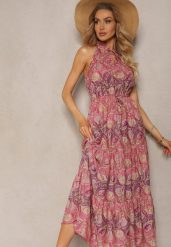 Fioletowo-Różowa Sukienka w Stylu Boho Bez Rękawów z Gumką w Pasie i Wiązaniem przy Dekolcie Yisa. Fioletowe sukienki damskie Renee, na imprezę, na lato, m, bez wzorów, z materiału, boho, bez kołnierzyka, bez ramiączek, maxi. Za 59.99 zł.
