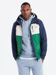 Lekka kolorowa kurtka sportowa męska z polarem – zielono-granatowa V20 OM-JANP-0194 - XXL. Zielone kurtki sportowe męskie Ombre Clothing, l, bez wzorów, z materiału, bez kaptura. W wyprzedaży za 199.99 zł.