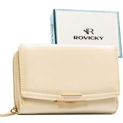 Średni, beżowy portfel damski ze skóry ekologicznej, model mieszczący dowód rejestracyjny - Rovicky. Brązowe portfele damskie ROVICKY, ze skóry ekologicznej. Za 79.99 zł.