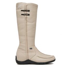 Kozaki Rieker. Brązowe kozaki damskie Rieker, bez wzorów, bez obcasa, na płaskiej podeszwie, bez zapięcia. Za 449.99 zł.