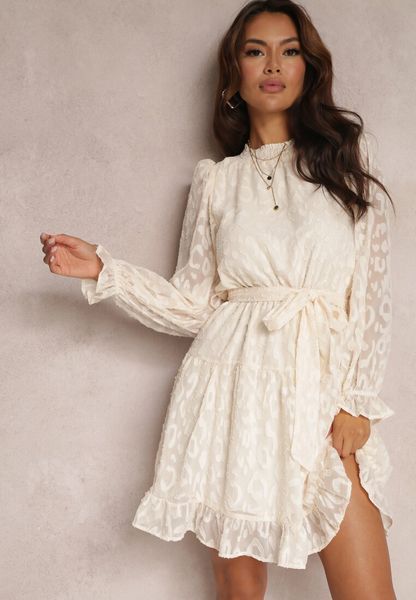 Beżowa Sukienka Koronkowa Wiązana w Pasie Crella. Brązowe sukienki damskie Renee, na imprezę, l, bez wzorów, z koronki, klasyczne, bez kołnierzyka, bez ramiączek, mini. Za 139.99 zł.