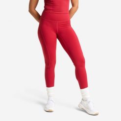 Legginsy fitness damskie Domyos wysoki stan. Czerwone legginsy damskie DOMYOS, bez wzorów, z elastanu. Za 119.99 zł.