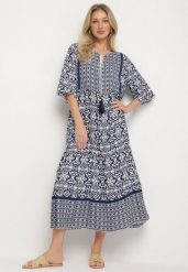 Granatowa Bawełniana Sukienka w Stylu Boho z Wiązaniem Przy Dekolcie Orradelle. Niebieskie sukienki damskie Born2be, na co dzień, na lato, l, bez wzorów, z bawełny, boho, bez kołnierzyka, bez ramiączek, proste. Za 59.99 zł.