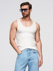 Męska bawełniana koszulka basic na ramiączkach – biała V1 - Rozmiar: S. Białe t-shirty męskie Ombre Clothing, m, bez wzorów, z bawełny, bez kołnierzyka, bez ramiączek. W wyprzedaży za 19.99 zł.