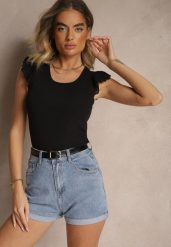 Czarny Top z Ozdobnymi Falbanami Zamiast Rękawów Quinell. Czarne topy damskie Renee, l, bez wzorów, biznesowe, bez kołnierzyka, bez ramiączek. Za 29.99 zł.