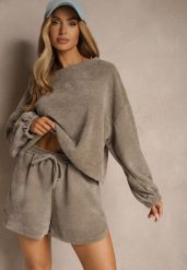 Ciemnobeżowy Basicowy Komplet Szorty i Bluza Novirissa. Brązowe bluzy damskie Renee, na lato, bez wzorów, z materiału, bez ramiączek, bez kaptura. Za 109.99 zł.