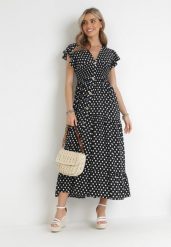 Czarna Sukienka Maxi w Groszki z Szeroką Gumką w Pasie Khalsa. Czarne sukienki damskie Born2be, l, bez wzorów, bez kołnierzyka, bez ramiączek, maxi. Za 74.99 zł.