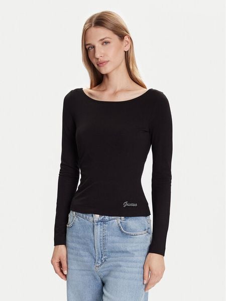 Guess Bluzka W5BP46 KCYV2 Czarny Slim Fit. Czarne bluzki damskie Guess, xxl, z aplikacjami, z wiskozy, bez kołnierzyka, bez ramiączek. Za 150.50 zł.