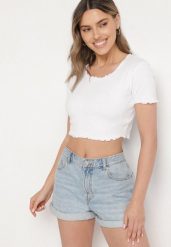 Biały Prążkowany T-shirt z Bawełną Adlesa. Białe t-shirty damskie Born2be, l, bez wzorów, z bawełny, bez kołnierzyka, bez ramiączek. Za 39.99 zł.