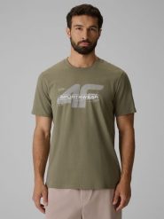 4F T-shirt regular z nadrukiem męski - khaki XL. Brązowe t-shirty męskie 4F, m, bez wzorów, z bawełny, bez kołnierzyka, bez ramiączek. Za 69.99 zł.