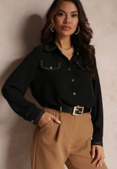 Czarna Koszula Zdobiona Biżuteryjnymi Guzikami i Tasiemkami Tosur. Czarne koszule damskie Renee, m, z aplikacjami, eleganckie, bez kołnierzyka, bez ramiączek. Za 119.99 zł.