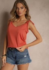 Pomarańczowy Top z Bawełną i Modalem z Wiązaniem przy Ramiączkach Lileria. Brązowe topy damskie Renee, l, bez wzorów, z bawełny, wizytowe, bez kołnierzyka, bez ramiączek. Za 34.99 zł.