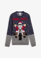 Sweter z bożonarodzeniowym motywem. Niebieskie swetry męskie bonprix, m, z aplikacjami, bez kołnierzyka, bez ramiączek. Za 129.99 zł.