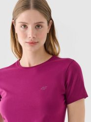 4F T-shirt slim gładki damski - fioletowy M. Fioletowe t-shirty damskie 4F, m, bez wzorów, z bawełny, klasyczne, bez kołnierzyka, bez ramiączek. W wyprzedaży za 29.99 zł.