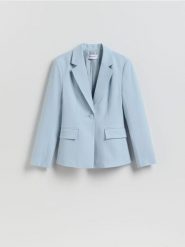 Marynarka z dodatkiem wiskozy - jasnoniebieski. Niebieskie marynarki i żakiety damskie Reserved, bez wzorów, z tkaniny, bez kołnierzyka, bez ramiączek. Za 199.99 zł.