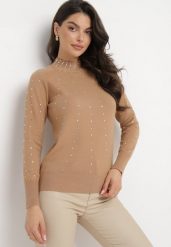Ciemnobeżowy Sweter z Golfem Ozdobiony Kompozycją z Cyrkonii Ruittes. Brązowe swetry nierozpinane damskie Born2be, s, z aplikacjami, bez kołnierzyka, bez ramiączek. Za 54.99 zł.