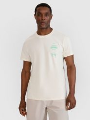 4F T-shirt regular z nadrukiem męski - biały S. Białe t-shirty męskie 4F, m, bez wzorów, z bawełny, bez kołnierzyka, bez ramiączek. W wyprzedaży za 49.99 zł.